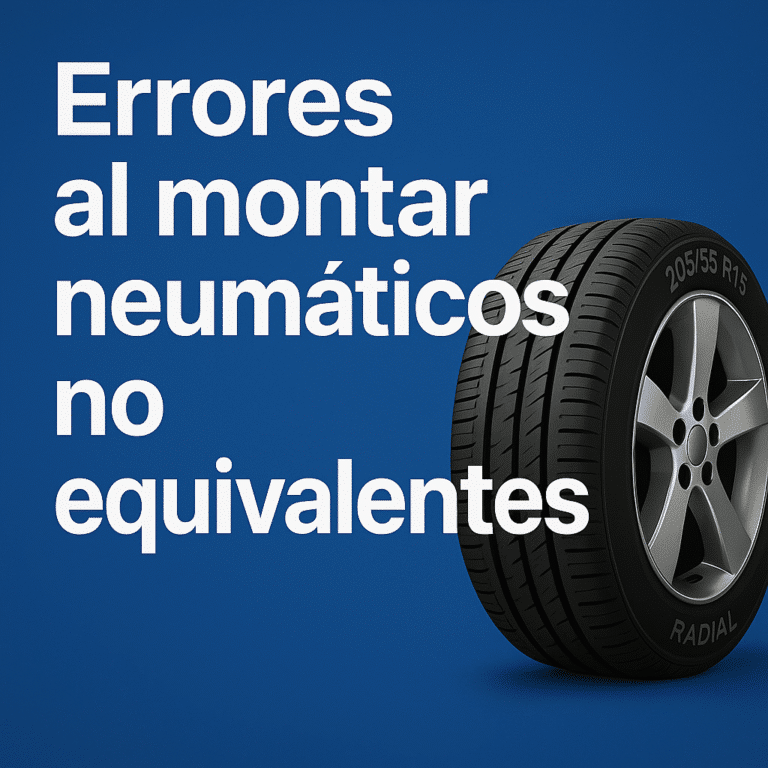 Neumático de coche con texto Errores al montar neumáticos no equivalentes - Guía ITV 2026