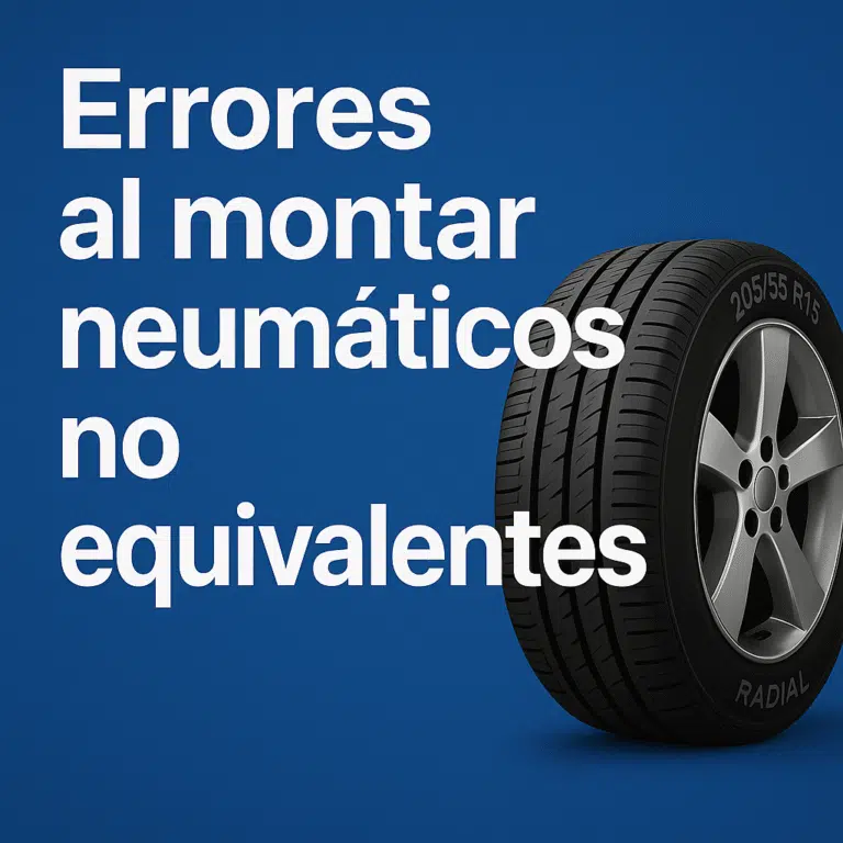 Neumático de coche con texto Errores al montar neumáticos no equivalentes - Guía ITV 2026